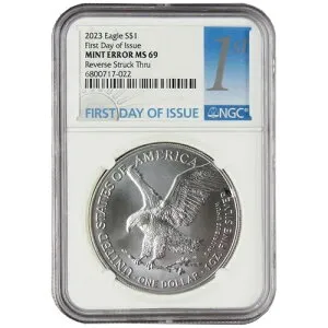 2023年 1ドル アメリカン シルバー イーグル NGC MS69 FDI ミント エラー リバース ストラック スルー
