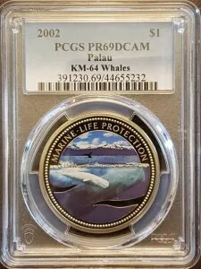 2002年 パラオ ホエールズ KM-64 海洋生物保護 1ドル プルーフ PCGS PR69DCAM