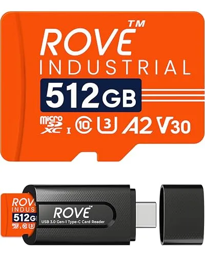 ROVE Industrial 512GB Micro SDカード USB 3.0 Type Cカードリーダー付き 高耐久 microSDXC メモリーカード 読み取り速度100MB/秒 C10 U3 V30 4K A2 ドライブレコーダー Android
