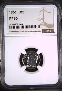1963 年 プルーフ シルバー ルーズベルト ダイム 10C - NGC PF 69 ブリリアント ホワイト!