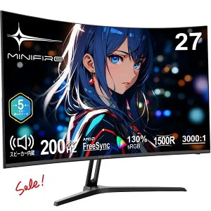 ＼9,119円値下げ／+2倍ポイントミングモニター 曲面 モニター27インチ 200Hz 1500Rの湾曲率 FHD フルHD1920×1080 HDR10 AdaptiveSync DC1-P395% sRGB130% 300cd/m2輝度 178° 3000:1 VESA対応 フレームレス DP/HDMI スピーカ