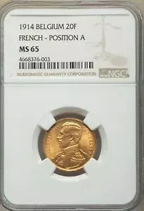 ベルギー、ゴールド 20 フラン 1914 ポジション A - フランス - NGC MS 65 、、、レア 2