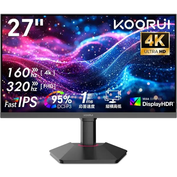 KOORUI｜クールイ ゲーミング液晶ディスプレイ(27型/ Fast IPS/ 4K UHD 3840×2160/ 320Hz/ 1ms/ HDR400/ HDMI/ DP1.4/ VESA)(ブラック) G2741L 返品種別A