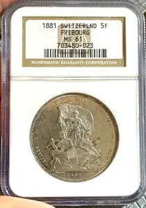 1881年 スイス フリブール 銀貨 5フラン NGC MS61