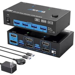 ANXQQ2入力2出力KVMスイッチHDMI+DisplayPort、8K@60Hz/4K@120HzHDMI+Displayport切替器、4つのUSBデバイスを共有、有線リモコンと電源アダプター付き