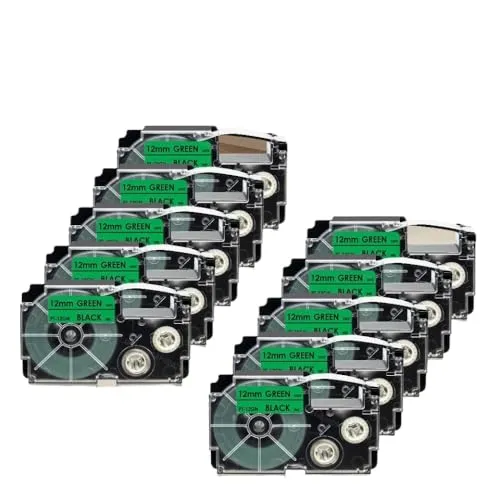 さまざまなモデルと互換性のある10pk 12mmラベルテープxr-12we xr-12x xr-12rd xr-12bu xr-12yw xr-12gn(Black on Green)