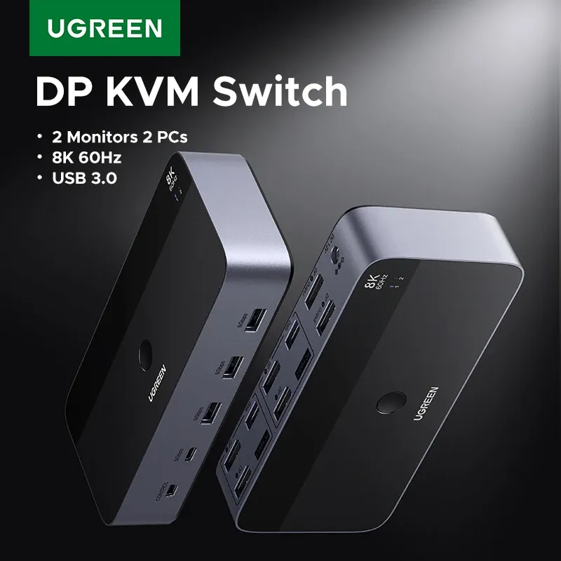 【セール中】UGREEN DP KVM スイッチ 2 モニター 2 PC 8K 60Hz USB 3.0 共有キーボード マウス モニター HDR 3D ラップトップ デスクトップ プリンター用