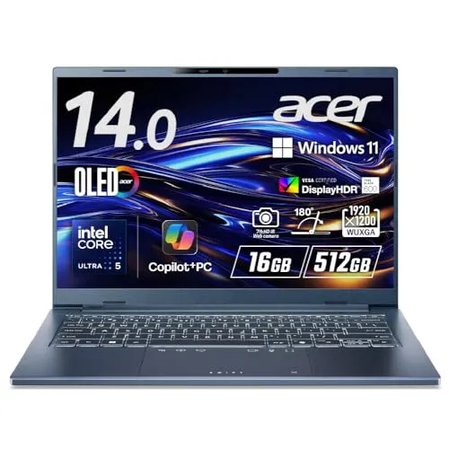 Acer Swift Go 14 AI インテル Core Ultra 5 OLED 光沢 DCI-P3 100% WUXGA 16:10 16GBメモリ 512GB SSD 14インチ 23.5時間駆動 薄型軽量 1.24kg 207万画素 IR Web
