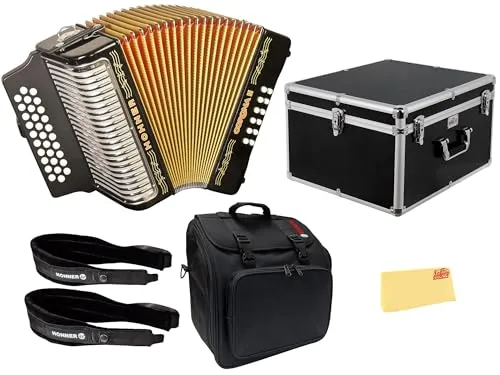 Hohner Corona II F/Bb/Eb アコーディオンバンドル ギグバッグ ケース ストラップ Austin Bazaar ポリッシングクロス ブラック