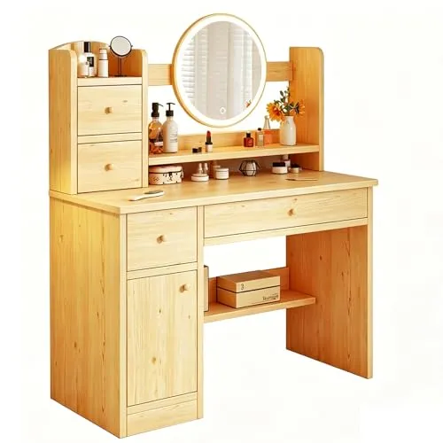 JTKXM ドレッサー テーブル コンパクト ，化粧台，鏡台，dressing table with mirror，メイク台 ， ミラー，ライト付き，梳?台， 広い足元スペース 大容量収納， おしゃれ 姫系 可愛い ， 丸みを帯びた角 コンパクト， 2段引
