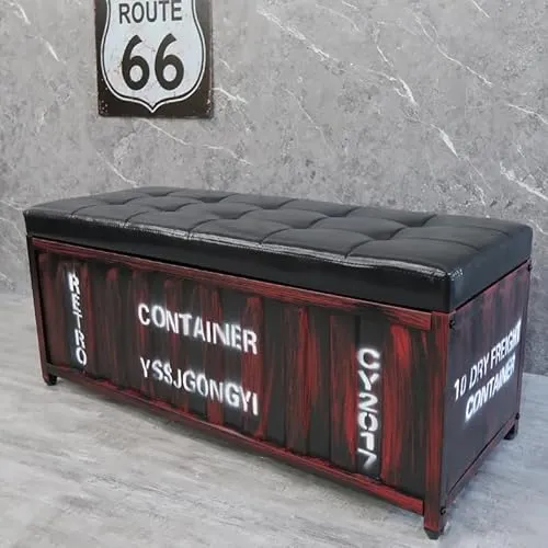 【WNJAPAN】ベンチ コンテナ 収納ベンチ 収納ボックス おしゃれ 蓋付き オットマン チェア レトロ アメリカン雑貨 ヴィンテージ 椅子 収納 レザー 踏み台 頑丈 丈夫 BZ-12 (レッド) [並行輸入品]