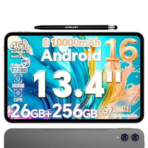 タブレット Android 16 TECLAST T65 大型アンドロイドタブレット13インチ：120Hz高リフレッシュレート画面、26GB RAM+256GB ROM+2TB拡張、T7280プロセッサ 4G LTE SIM対応、10000mAh+Type