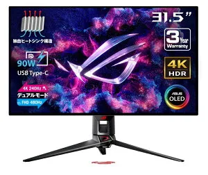 ASUS｜エイスース ゲーミング液晶ディスプレイ(31.5型/WOLED/4K UHD 3840x2160/240Hz/0.03ms/HDR400/HDMI2.1/DP1.4/USB Type-C/VESA/PIP・PBP対応/3年保証)(ブラック) ROG Swift PG32UCDP