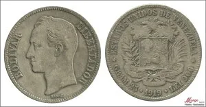 ベネズエラ 5ボリバル 1919年 / シモン・ボリバル / 24.75グラム 銀貨 MBC Y00024.2-