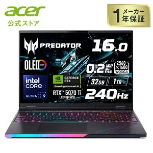 ゲーミングノートパソコン Acer Predator Helios 16 AI Core Ultra 9 275HX RTX 5070 Ti 32GBメモリー 1TB SSD 16インチ WQXGA 16:10 OLED 光沢 240Hz 第6世代 AeroBlade 3Dファン 207万画素 Webカメラ DCI-P3 100% WiFi 7 Windows 11 英
