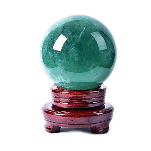 Feng Shui Ornaments Crystal Green Divination Sphere Ball with Wood Stand, 3.1 Inch Diameter Witchcraft (9cm)