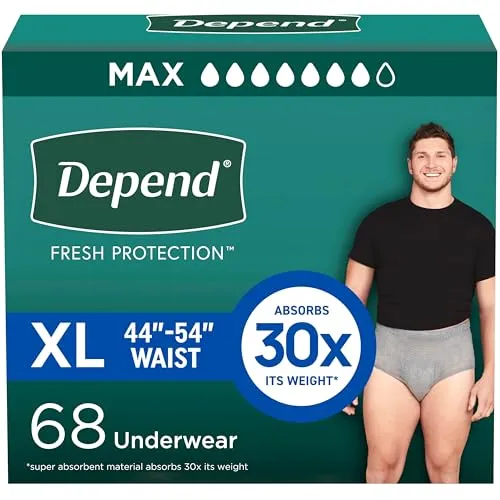 Depend FIT-Flex Incontinence Underwear for Men, Maximum Absorbency, Grey, Extra-Large, 68 Count
