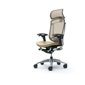■OKAMURA コンテッサセコンダ可動肘 背メッシュ座革 大型ヘッド5本脚 ポリッシュ ブラック ランバー付ハンガー無 張地色ベージュ〔品番:CC87BSFPT7〕【4261420:0】[送料別途見積り][法人・事業所