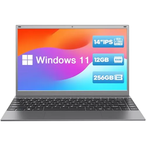 WIPEMIK 14インチノートパソコン, 12GB RAM ノートパソコン 256GB SSD, クアッドコア N4120 プロセッサー, Win11 Pro ノートパソコン 1080P FHD IPSスクリーン付き 2.4G/5G WiFi対応 USB