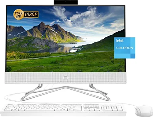 HP 2022 オールインワンデスクトップ、21.5インチ FHDディスプレイ、Intel Celeron J4025プロセッサー、16GB RAM、1TB PCIe SSD、ウェブカメラ、HDMI、RJ-45、有線キーボード&マウス、WiFi、Windo