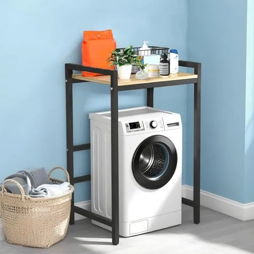 ランドリーラック 洗濯機 ラック 洗濯機上収納 床置き1段 鋼鉄 乾燥機の上の棚付き収納棚 調節可能な足付きの棚、組み立てが簡単 バスルーム、バルコニー、ランドリールームに適しています (Black+Wood, 65x55x128cm)