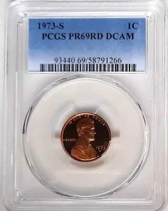 1973-S プルーフ リンカーン セント PCGS PR69 RD DCAM - 色あせたブルー ラベル。