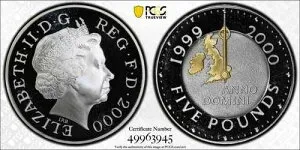 2000年 イギリス 5ポンド ミレニアム プルーフ ギルトシルバー Km# 1006 PCGS PR 69DCAM