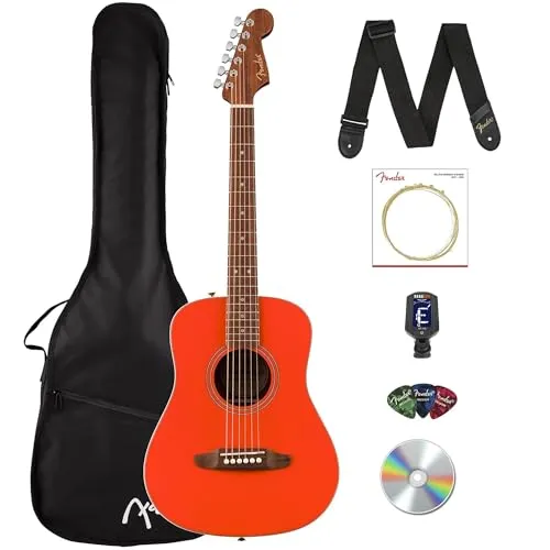 Fender California Standard Redondo Mini Acoustic Guitar - フィエスタ レッド バンドル ギグバッグ、チューナー、ストラップ、弦、ピック、Austin Bazaar 解説DVD付き