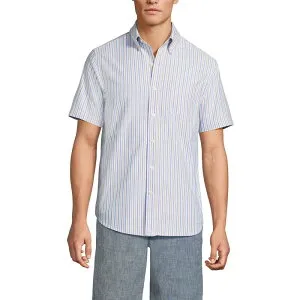 ランズエンド メンズ トップス Tシャツ オックスフォード Men's Lands' End Short Sleeve Sail Rigger Oxford Shirt Blue Khaki Stripe ブルー