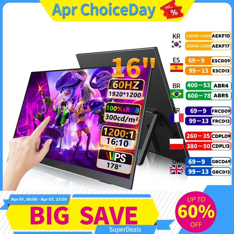 【セール中】16インチFHDポータブルタッチ/ノータッチモニター 外部ディスプレイ IPS USB-C mini-HDMI対応 ノートパソコン、Mac、PC、Xbox、PS、Switch用 VESA穴付き