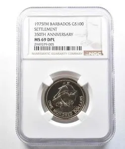 1975年 FM バルバドス 100ドル金貨 350周年記念 MS69 DPL NGC *0700