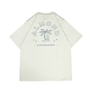 Almond Surf アーモンドサーフ PARADISE S/S UT メンズ/レディース オフホワイト/チャコール S-L SF8004 【Tシャツ 半袖 半袖Tシャツ 水陸両用 UV加工 ラッシュガード 胸ロゴ バックプリント ヤシの木 ヤ
