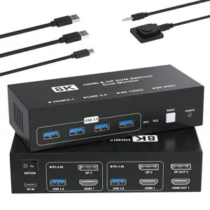 8K@60HzHDMI+DisplayPortKVMスイッチ2入力2出力PC2台モニター2台KVM切替器パソコン2台モニター2台切り替え4つのUSB3.0ポートキーボード/マウス/プリンター/他のデバイス対応パソコン切替機PC