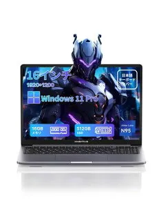 【ノートパソコン16GBメモリ+512GBSSDN95最大3.4GHzN5095より速い】ノートパソコン16インチ1920x1200IPS液晶Windows11Pro、ノートPCUSB3.0+Type-C+高速放熱+静音