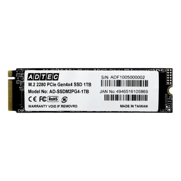 ADTEC アドテック AD-SSDM2PG4-1TB 3D NAND PC内蔵用M.2 Gen4x4 SSD M.2 NVMe PCIe Gen4x4(2280)AD-SSDM2PG4 1TB