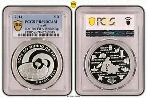 ブラジル 2014 FIFA ワールド カップ 5 レアル 5R シルバー プルーフ コイン PCGS PR69DCAM #8049