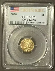 2020 アメリカン イーグル $5 ゴールド PCGS MS70 : BU GEM コイン 1/10 オンス地金 : 09313
