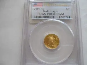 2007-W、アメリカンイーグル、金、5ドル、PCGS、PF-69、ファーストストライク、DCAM
