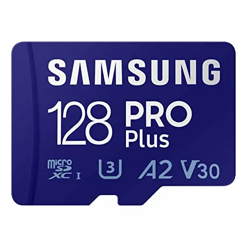 SAMSUNG PRO Plus microSD Memory Card + Adapter, 128GB MicroSDXC, Up to 180 MB/s, Full HD & 4K UHD, UHS-I, C10, U3, V30, A2 for A