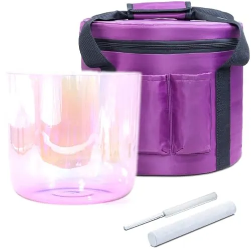 クォーツチャクラクリアクリスタルシンギングボウル、キャリングケースマレット付き、ヨガ瞑想用ピンク色のサウンドボウル(440Hz,7 inch A Note)