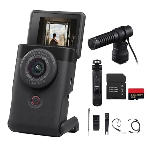 Canon PowerShot V10 Vlogカメラ ? スタンド内蔵、ステレオマイク&フリップスクリーン付きコンパクト4K Vlogカメラ (ブラック) (5947C002) + 三脚グリップ DM-E100 マイク + 64GB メモリーカード。