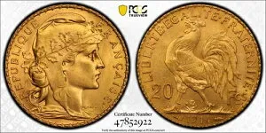 フランス、金貨 20フラン 1914年 - PCGS MS 66、希少7