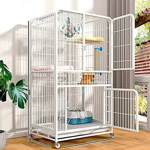 猫 ケージ 猫 ゲージ 3段 /2段 トイレ付き 大型/スリムコンパクト 人気 キャスター ハンモック フォーム ロフト付き 組立簡単 キャットケージ (Color : White, サイズ : 4段)