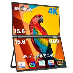 InnoView15.6インチ4Kデュアルモバイルモニタードライバー不要モバイルモニター2画面3840x2160P100%sRGB折りたたみ式デュアルディスプレイモバイルディスプレイ自動回転315°