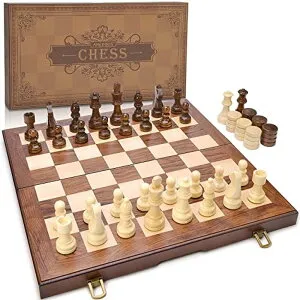 チェスセット AMEROUS Wooden Chess & Checkers Set with Upgraded Weighted Chess Pieces, 15 Inches (2 in 1) Chess Board Games for Kids, Adults w/ 2 Extra Queens / 24 Cherkers Pieces/Gift Package 【並行輸入品】