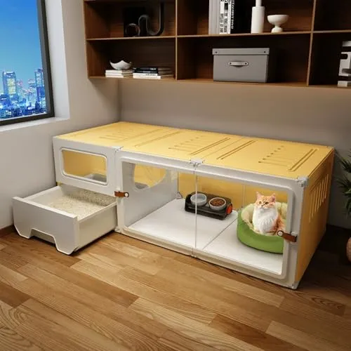 猫ケージ 猫ケージ 室内猫用猫用クレート ゲージ 猫 猫小屋 大型 キャットゲージ 1 段 DIY 猫用ボックス 厚みがあり 猫 ケージ 密閉式トイレボックス付き 中空サイドパネル 1～2 匹の猫用 チンチラ、リス、ウサギ、ハリネズミ(Yellow)