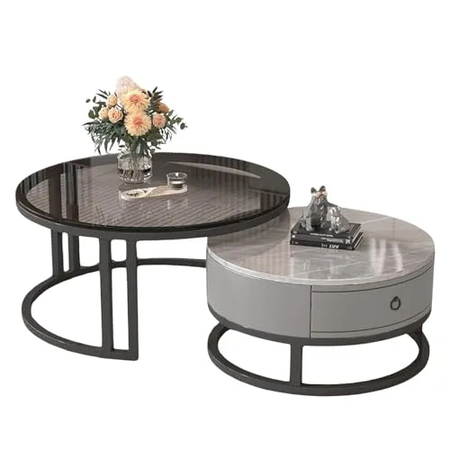 ネストテーブル 大理石調 センターテーブル ガラス ローテーブル 丸 2個セット セラミック ローテーブル 伸縮 北欧 引き出し 収納付き 入れ子式 リビング コンパクト 光沢感 艶あり 鏡面 円形 幅45cm 60cm 幅70cm 50cm サイドテーブ