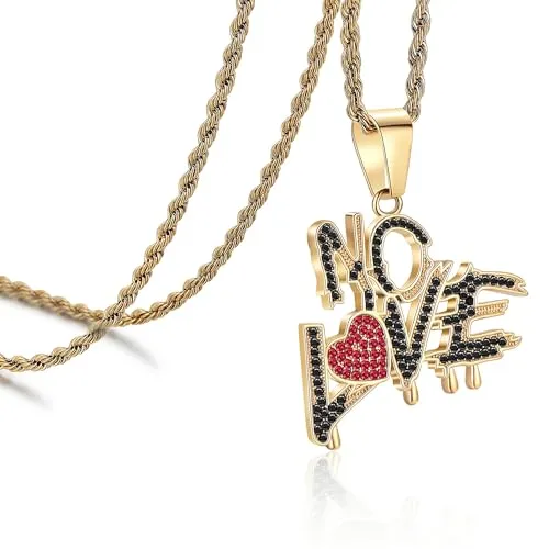 ROWIN&CO ユニークノーラブペンダントネックレス 男女兼用 18Kゴールドメッキ 24インチ レターハートチェーン ステンレススチール/レッド ブラック ホワイト CZストーン付き, 2XL, ステンレス鋼, キュービックジルコニア