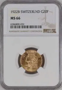 スイス、金貨 20 フラン 1922 B - NGC MS 66、RARE9