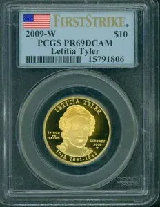 2009-W 10ドル ゴールド プルーフ レティーシャ・タイラー 最初の配偶者 PCGS PF69 PR69 ファースト ストライク FS